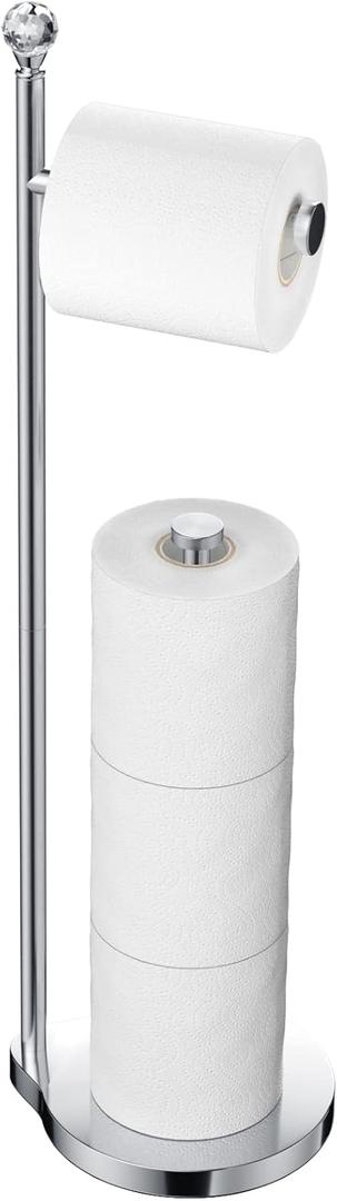 KASUNTO Toilet Paper Holder for Bathroom, Heavy Weighted Metal Free Standing Toilet Paper Storage with Crystal Ball, Toilet Paper Stand for Bathroom Accessories, Polished Chrome [Holds MEGA Rolls]