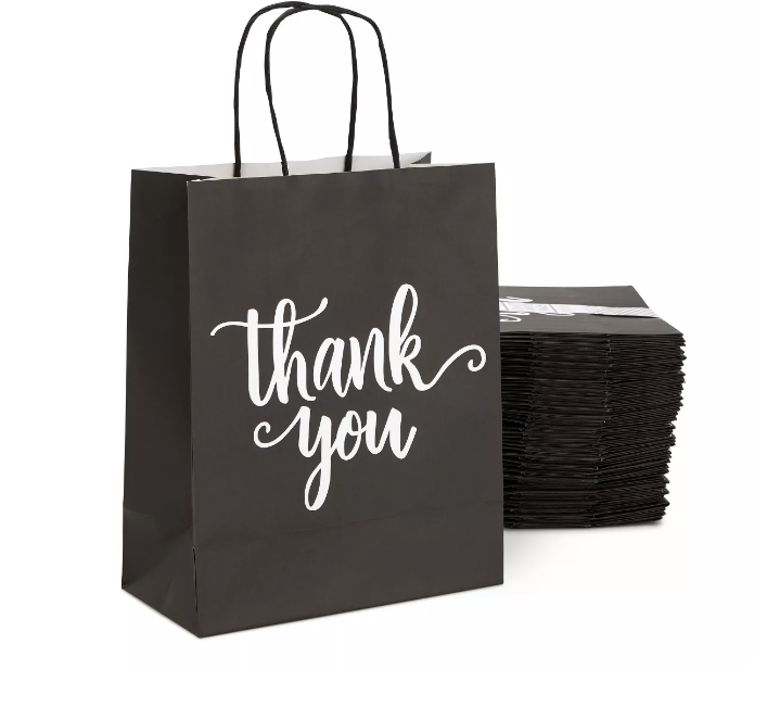 Sparkle and Bash 50 Pack Medium Thank You Paper Bags with Handles for Boutique, Small Business, Favors, Black, 10x8x4 in