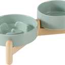 Ceramic 0.9 Cup Raised Slow Feeder Dog Bowl Set, Elevated 5.1inch Water Bowl and 6.1inch Puzzle Slow Pet Food Dish with Wooden Stand for Small Dog and Cat(2 x Light Green+ Stand)
