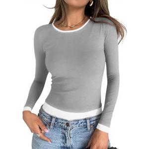 Cicy Bell Womens Long Sleeve Tops Patchwork Crewneck Slim Fit Shirts Going Out Casual Fall Basic Tees (L)