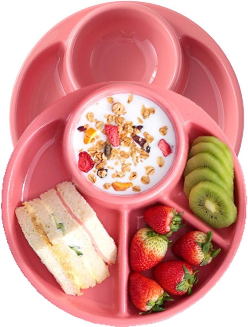 Unbreakable Divided Plates for Adults Portion Control Plates Set of 2 Round Plastic Dinner Plate 9 Inch for Camping Outdoor or Every Day Use (Style 1 Pink)