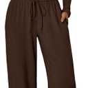 Trendy Queen Women's 2 Piece Matching Lounge Set Long Sleeve Side Ruching Top Wide Leg Drawstring Pants Set with Pockets (Large, Coffee)