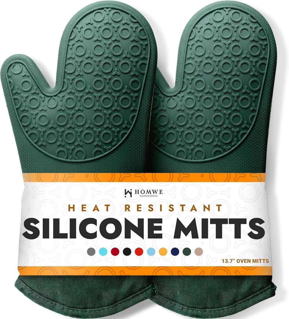 BPA-Free Silicone Oven Mitts Ultra Heat Resistant up to 500F - Oven Mitts with Thick Cotton Liner - Long Slip Resistant Pot Holders, Flexible Oven Gloves - Green 13.7