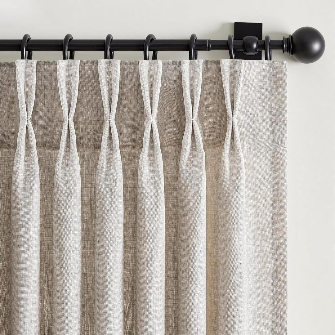 Pinch Pleated Linen Curtains 96 Inches Long for Living Room 2 Panel Set Oatmeal Light Filtering Pinch Pleat Hooks Rings Back Tab Neutral Boho Farmhouse 96 Inch Curtain Drapes for Bedroom Window