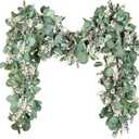 Ouddy Decor Eucalyptus Garland 6.56 Ft Lush Silver Dollar Leaves Boxwood with White Buds Artificial Faux Greenery Vines for Baby Shower Wedding Party Table Runner Room Home Mantle Decor (1 Pack)