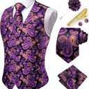 Hi-Tie Mens Suit Vest and Tie Set V-Neck Silk Paisley Formal Waistcoat Necktie Pocket Square Set for Wedding (Medium, Purple and Black)