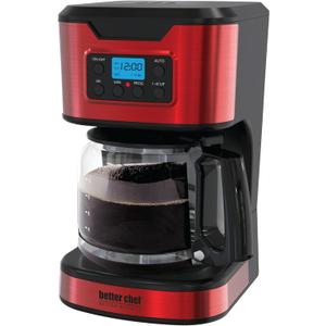 Better Chef Programmable 12-Cup Coffee Maker | 1-4 Cup Setting | Auto-Pause to Serve | 2hr Keep Warm | Perma-Filter | Stainless (Red)