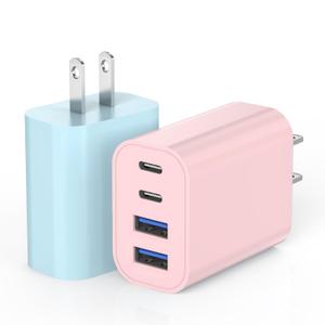 40W USB C Charger Block, [2 Pack] 4-Prot USB Type C iPhone Fast Charging Brick,Multiport Apple Adapter for iPhone 17/17Air/16e/16 Pro/16 ProMax/15/14/13/12,iPad Pro/iPad Air,iPad mini,iPad (Pink+Blue)