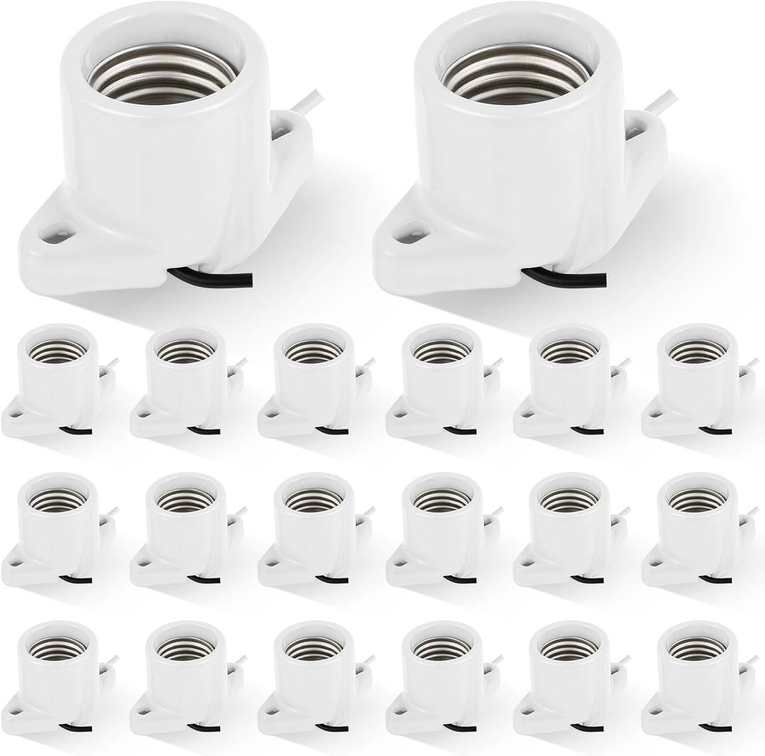 20 Pcs E26 Light Socket Porcelain Lamp Holder Socket Medium Keyless Threaded Base with Two Hole Flange Mounting and 6" Wire Indoor Garage Closet Lighting