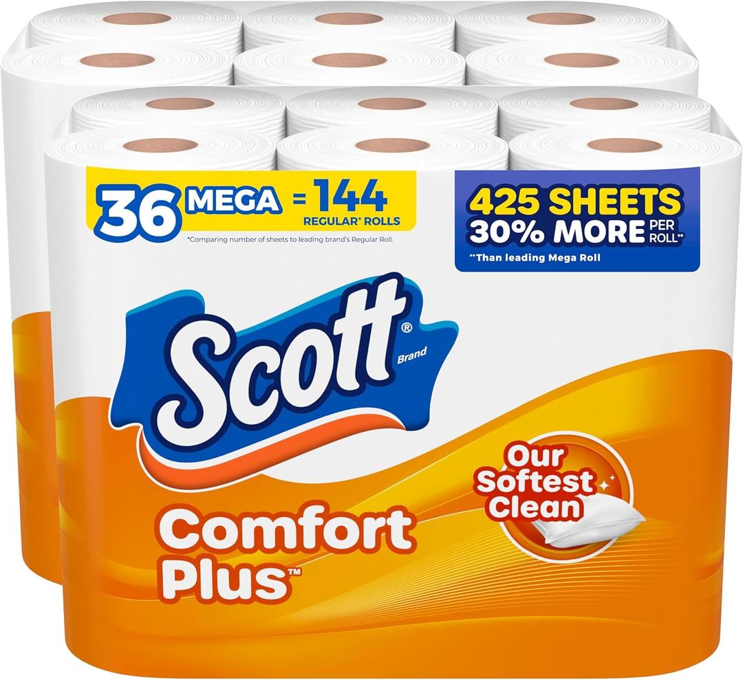Scott ComfortPlus Toilet Paper, 36 Mega Rolls (2 Packs of 18), 425 Sheets per Roll, Septic-Safe, 1-Ply Toilet Tissue