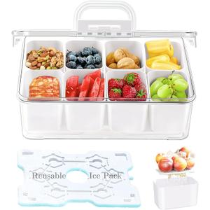 Portable Snackle Box Container with Ice Pack, Cooling Travel Charcuterie Box with Lid, Snack Cooler with Divided Serving Tray, with 8 Compartments & Drain Trays, for Outdoor Parties, Picinics