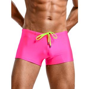 Men's Bright Color Swim Trunks, Sexy Stretch Swimwear, Drawsting Low-Rise Square-Leg (Medium, Neon Pink)