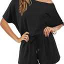 Hilinker Womens Sexy Pajama Set Off Shoulder Top and Shorts Lounge Sets Summer 2 Piece Outfits Black Small (Black, S)