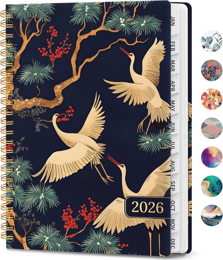 2026 Planner, Weekly and Monthly Calendar Planner Book, January 2026 - December 2026, Hardcover Spiral Planner with Monthly Tabs, Notes Pages, Perfect for Women & Men, A5 (6.4" x 8.5") - Cranes