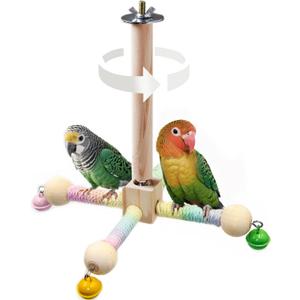 Bird Stand Perch Toy with Bells, Interactive Spinning Parakeet Toys, Wooden Exercise Wheel Parrot Toy, Enrichment Cockatiel Toy for Birds Cage, Bird Cage Accessories Perch Toys for Budgies (S, Bells)
