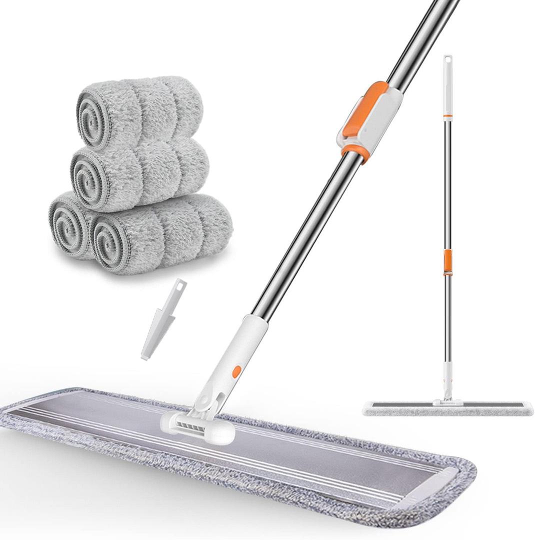 Flat Mop for Cleaning Floors Heavy Duty Microfiber Wet Mop Deep Cleaning for Hardwood, Tile & Laminate, Includes 4 Reusable Washable Pads and Adjustable Long Handle (32 in Mop Set)
