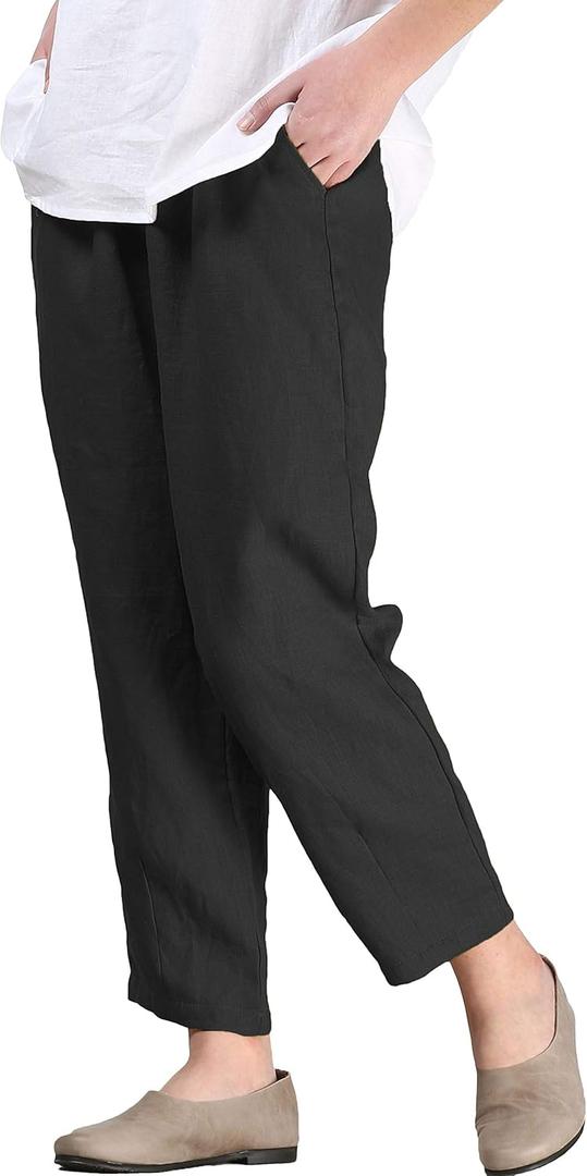 FTCayanz Women's Linen Harm Pants Summer Casual Cropped Pant Work Ankle Trousers with Pockets (Black, XL)