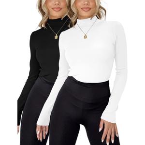 Rapbin Womens Long Sleeve Mock Turtleneck Tops Knit Basic Stretch Fitted Pullover Lightweight Thermal Shirts (Large, A-black/White 2pack)