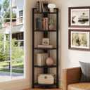 FATORRI Rustic Tall Corner Shelf, 5 Tier Industrial Corner Bookshelf for Living Room, Dark Wood and Metal Corner Plant Stand for Balcony (Black), 14.17"D x 14.17"W x 65.94"H