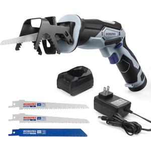 WORKPRO 12V Cordless Reciprocating Saw with Clamping Jaw, 2.0Ah Li-Ion Battery with 1 Hour Fast Charger, Variable Speed and Tool-Free Blade Change, 3 Saw Blades for Wood & Metal Cutting