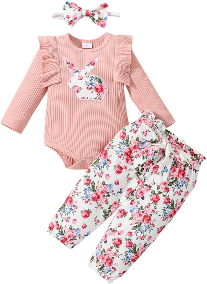 FOCUTEBB My First Easter Outfit Baby Girls Newborn Infant Clothes Easter Bunny Ruffled Romper Pants Clothes Set 0-18 Months