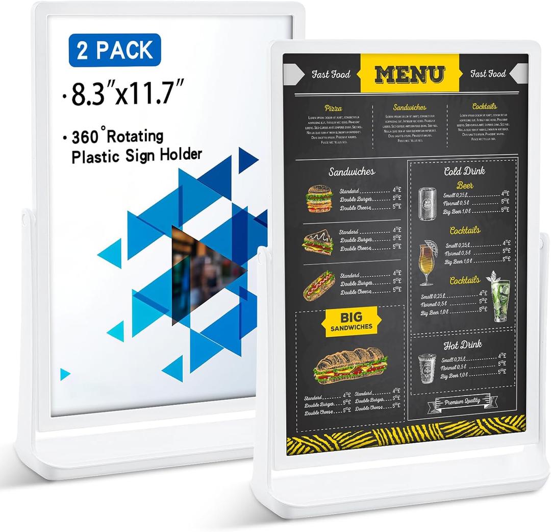 Thyle 2 Pack Plastic Sign Holder Rotating Double Sided Menu Displays Stand 8.3" x 11.69" T-shaped Tabletop Sign Stand for Office, Store, Restaurant, Conference, Trade Show, Wedding Events(White)