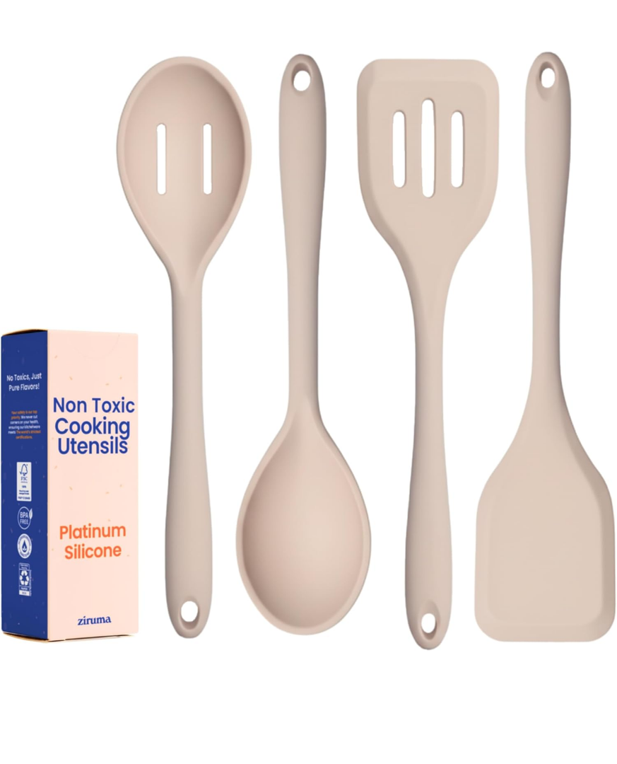 Non-Toxic Platinum Silicone Kitchen Utensil Set of 4 – Non-Scratch Cooking Spoon & Spatula, 100% Plastic Free, Stainless Steel Core, Heat Resistant 500°F, Beige