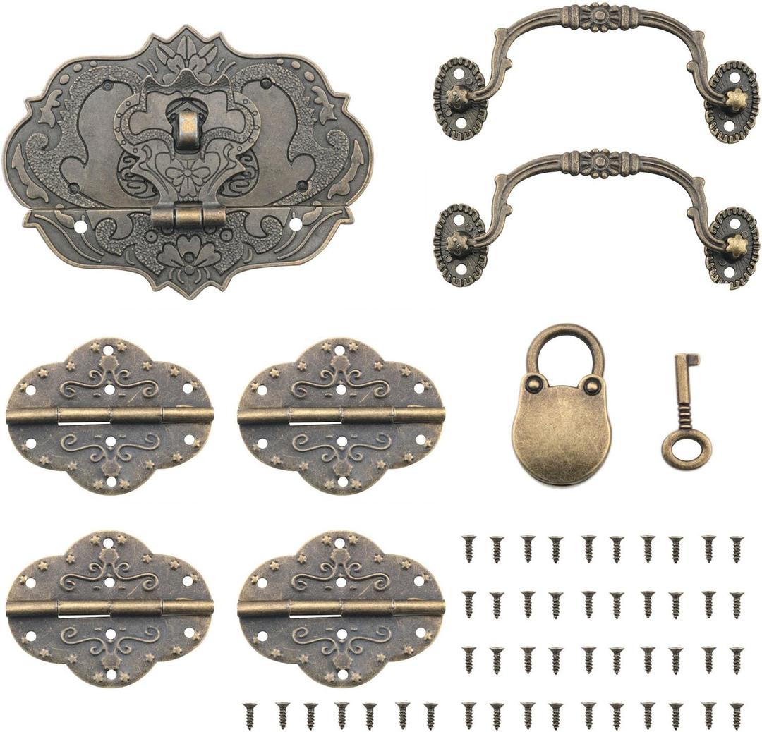 CHENJIN 1 Set Vintage Locking Handle Hinge Kit with Screws Zinc Alloy Antique Hinge Latch Wine Box Latch Panel Box Latch for Wooden Box Tool Box DIY Jewelry Box Decoration