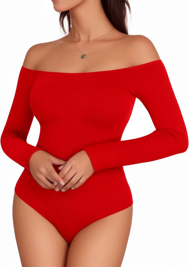 MANGOPOP Off The Shoulder Long Sleeve Short Sleeve Bodysuit for Women, S