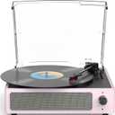 Record Players for Vinyls Turntable with Speakers Belt-Driven Turn Tables LP Phonograph Support 3-Speed Full Size Bluetooth Wireless Playback Headphone AUX RCA Line New Sleek Pale Light Pink
