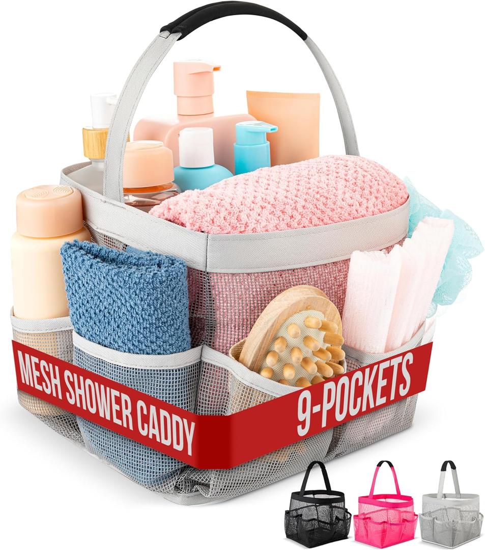 Masirs Mesh Shower Caddy - 9 Pocket Portable Bathroom Organizer Tote for Travel, Gym & Dorm - Collapsible Small Shower Caddy Bag to Hold Toiletries & Essentials (Gray)