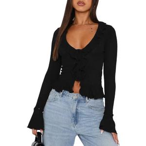 Women Going Out Tops Ruffle Trim Button Front V Neck Flared Sleeve Shirt Y2k Crop Top (Small)