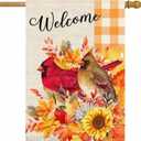 Welcome Fall Cardinal Birds House Flag 28x40 Double Sided Autumn Leaves Burlap Yard Flag for Thanksgiving Holiday Outside Decorations