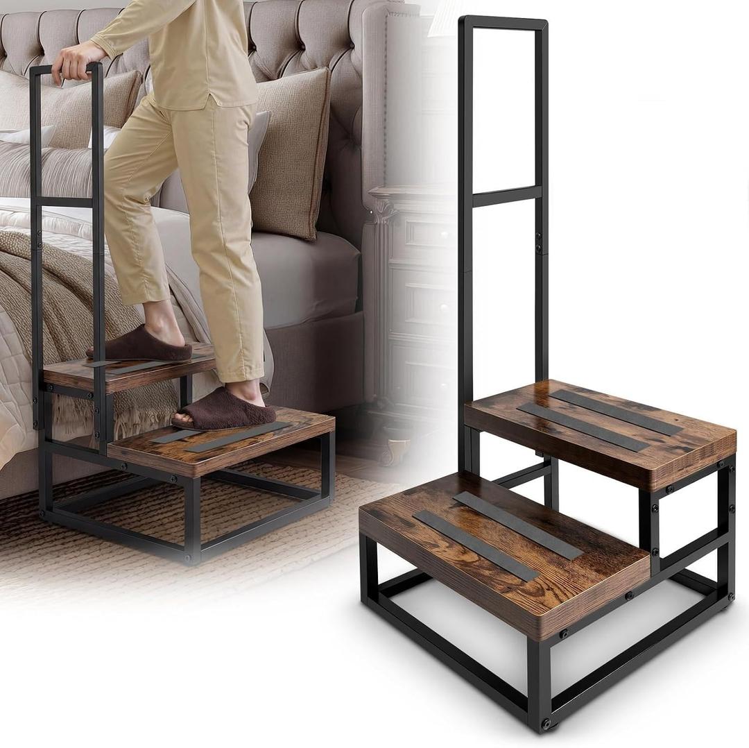 Upgraded Anti-Slip Step Stool with Handle, Heavy-Duty & Stable, Multi-Purpose for High Bed, Kitchen, Bathroom