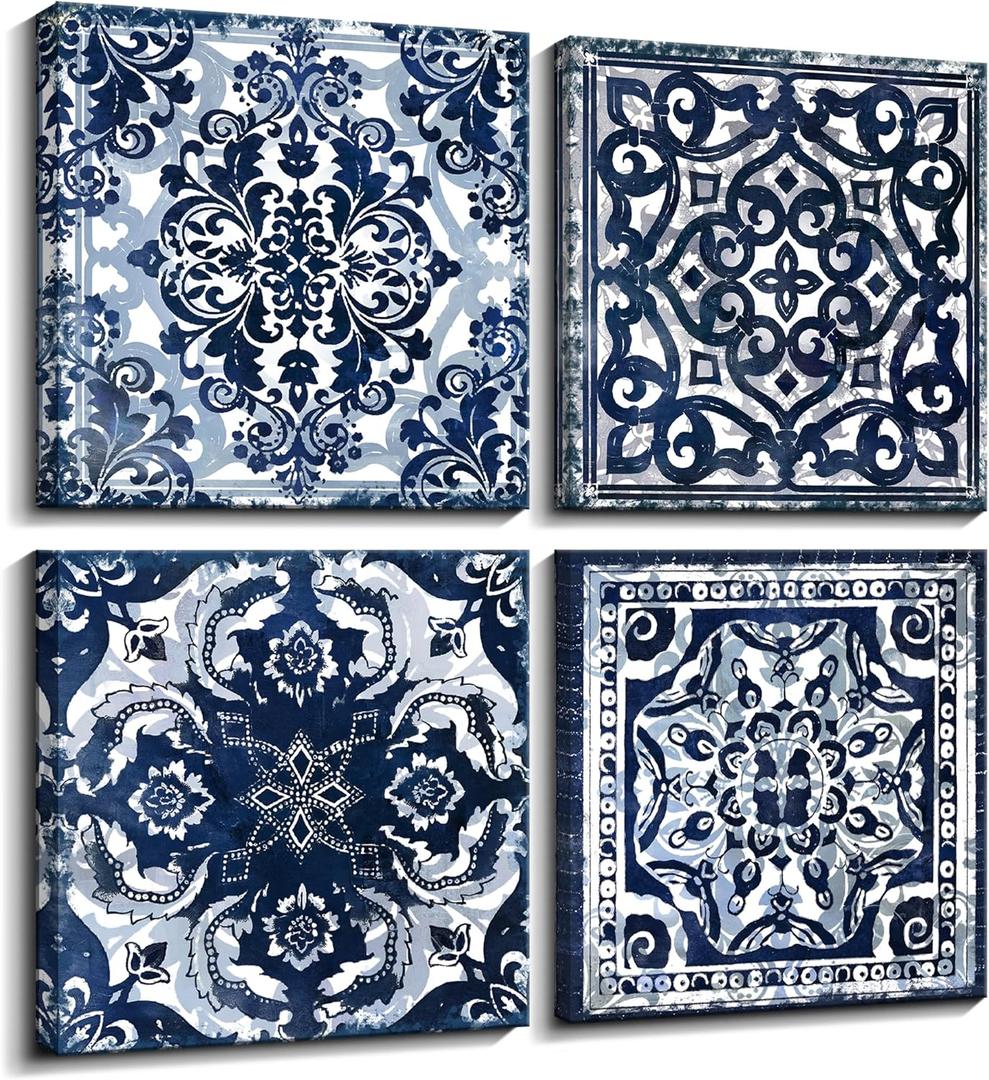 Bedroom Decor Canvas Wall Art Flower Pattern Prints Bathroom Abstract Pictures Modern Navy Framed Wall Decor Artwork for Walls Hang for Bedroom 4 Pieces Wall Decoration Size 14x14 Each Panel