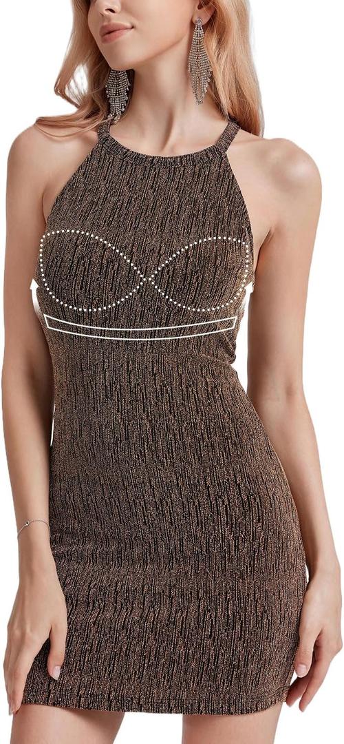 ANYFITTING Built in Bra Dress Sparkly Party Bodycon Mini Going Out Dresses for Women 2025 (M)