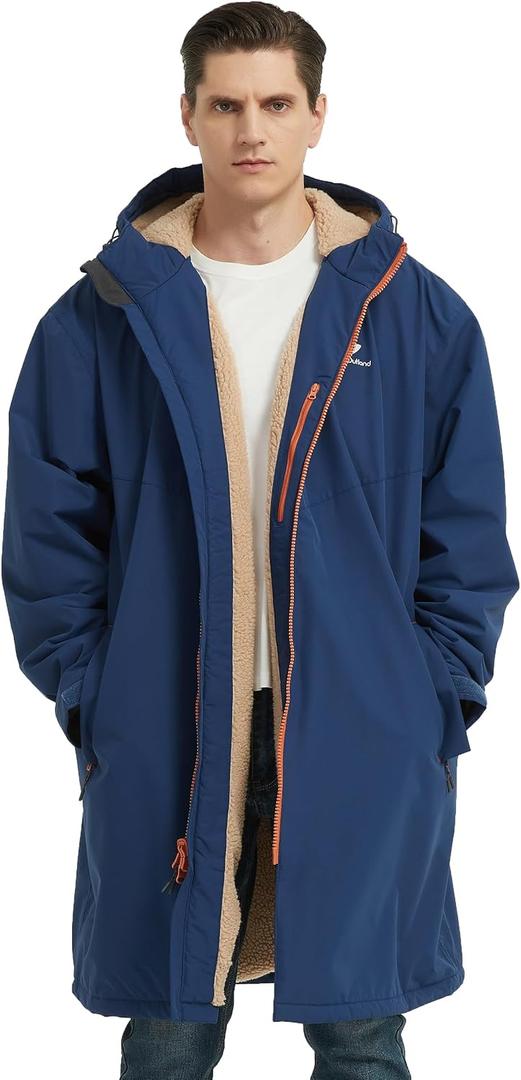 Waterproof Winter Coat, Sherpa Lined Hooded Parka, Windproof Change Robe with 2 Pockets, Long Sleeve (Large, Navy Blue)