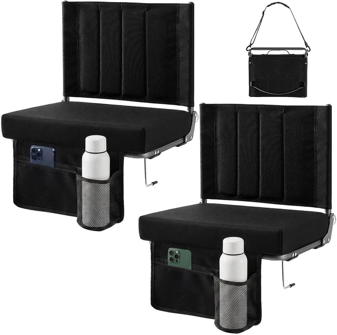Sweetcrispy 2-Pack Stadium Seats with Back Support, Bleacher Chairs, Black