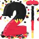 RoundFunny Number 2 Piata Black Red Piata First Birthday Party Supplies for Celebration for Boys Girls Fun Yellow Heart Black and Red Themed Party Decor 14.9 X 11 X 2.8 Inches