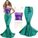 Newcotte 4 Pcs Mermaid Costume for Women Sequin Tube Top Skirt Pearl Waist and Head Chain for Halloween Cosplay (Small, Green, Purple)