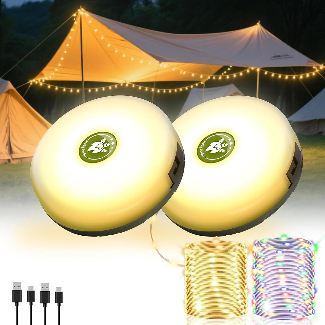 2Pack Camping String Lights, 4-in-1 Quick Storage Camp Light, 8Mode 32.8FT Hanging Tent Lights, Rechargeable Camp Lamp As Camping Essentials Gear, Waterproof LED Lantern for Hiking Travel Patio Party