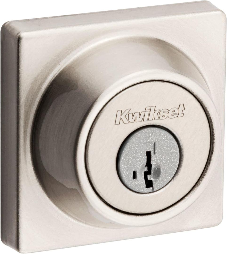 Kwikset 660 Contemporary Deadbolt Deadbolt Lock, Satin Nickel Square Exterior Keyed Front Entry Door, Pick Resistant SmartKey Rekey Security, Single Cylinder Dead Bolt, with Microban Protection
