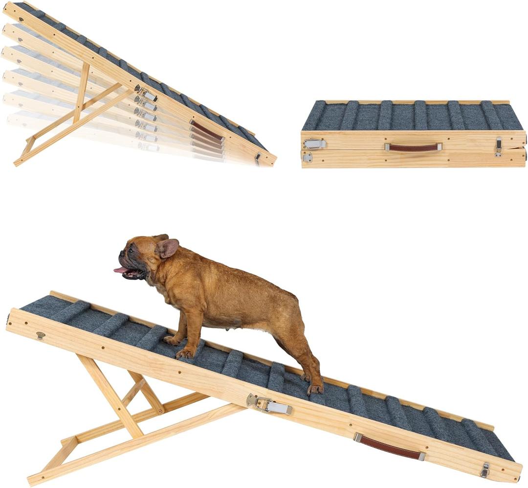 Clikuutory 2026 Upgraded Wood Dog Ramp for Couch, 63" Foldable Dog Ramp for Bed, 5 Adjustable Height from 16" to 34", Portable Stable Pet Steps with Anti-Slip Carpet for Low Bed Couch Stairs, Wood