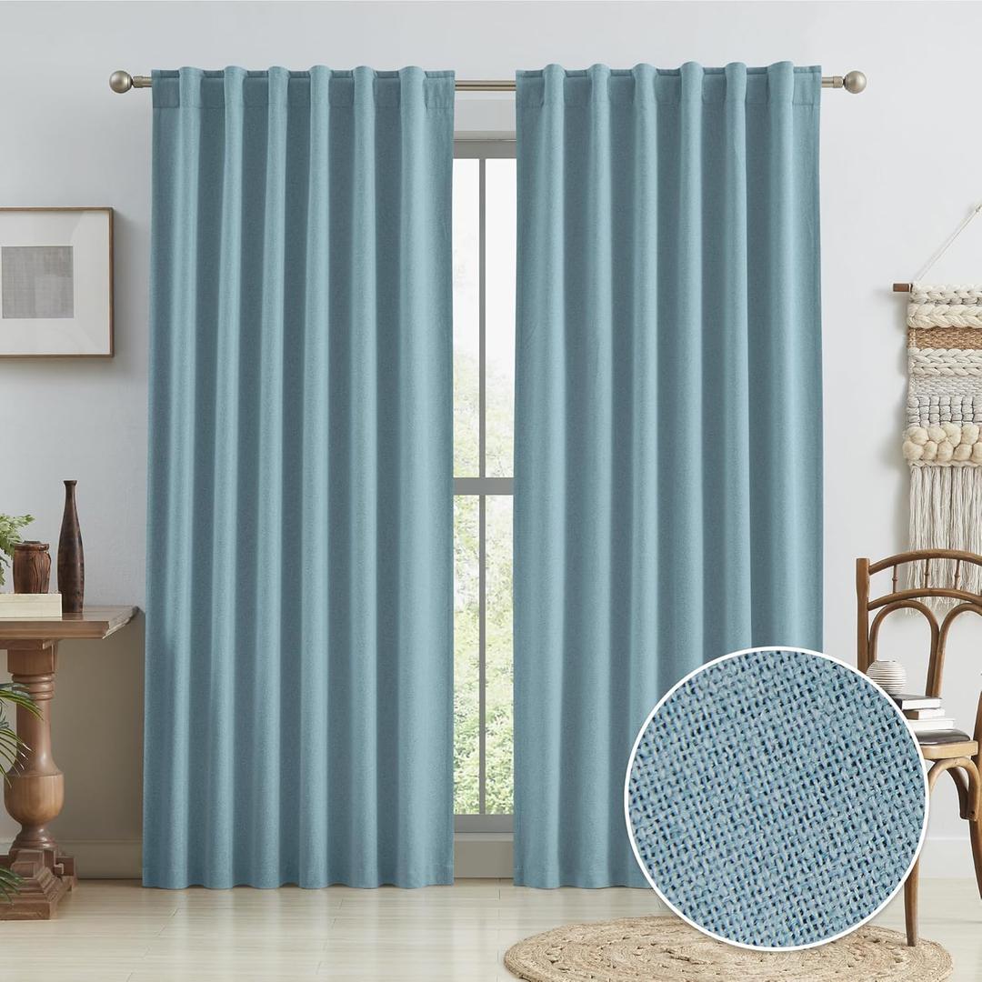 KEQIAOSUOCAI Blackout Linen Curtain Panels, Totally Shaded Draperies 84 Inches Long for Dining Room, Soundproof Privacy Window Drapes for Playroom Guest Room Bedroom, Dusty Blue, 50 x 84, 2 Pieces
