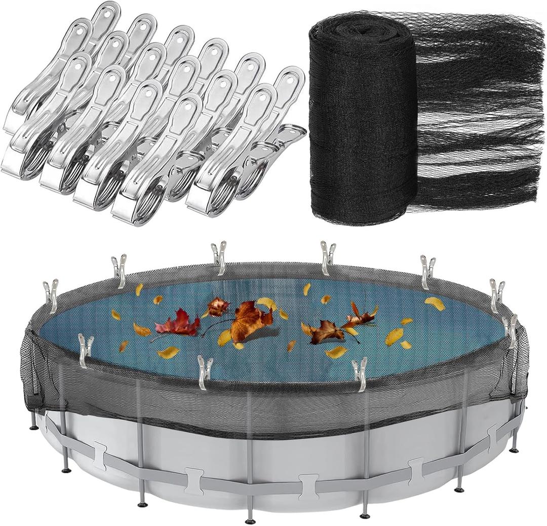 24 Feet Round Leaf Net Cover for Above Ground Pool, Winter Cover Mesh Cover with 16 Pcs Large Metal ClipsPool Safety Net Fits 24FT Above Ground Pools, Keeps Leaves Out of Your Pool Black
