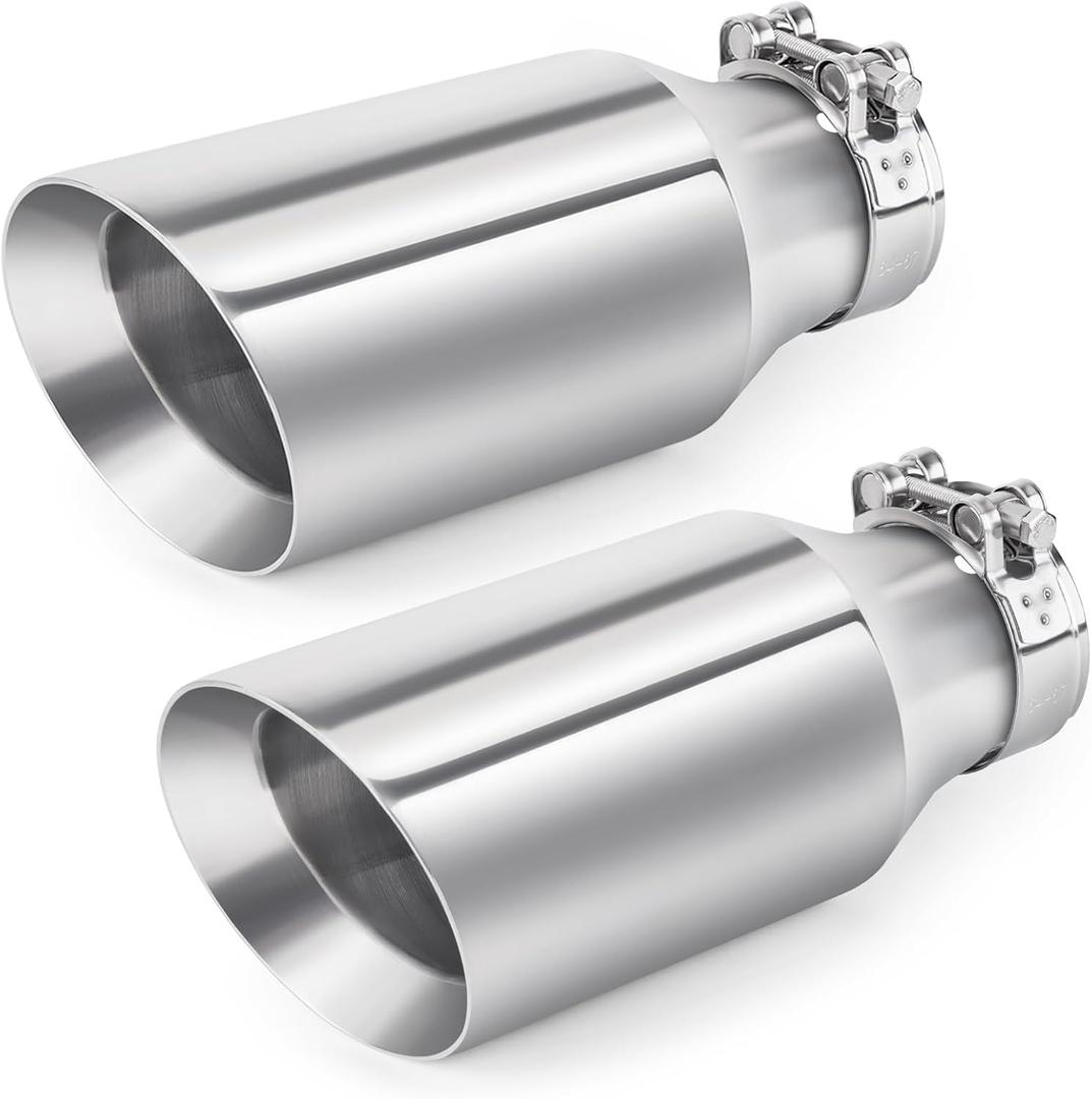 2PC Exhaust Tips 2.5 inch Inlet 4 inch Outlet 9" Long 304 Stainless Steel 2.5" to 4" Diesel Exhaust Tailpipe Tip Double Wall Slant Cut (Pack of 2