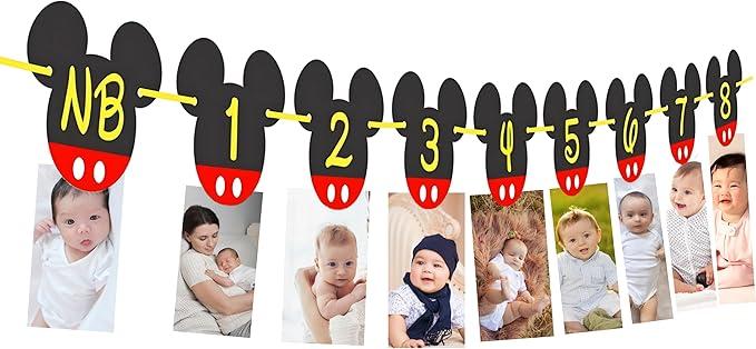Mickey 1st Birthday Photo Banner - New Born to 12 Month First Birthday Banner - Mickey 1st Birthdays Decorations - Boy First Birthdays Decorations- 1-12 Month photo props