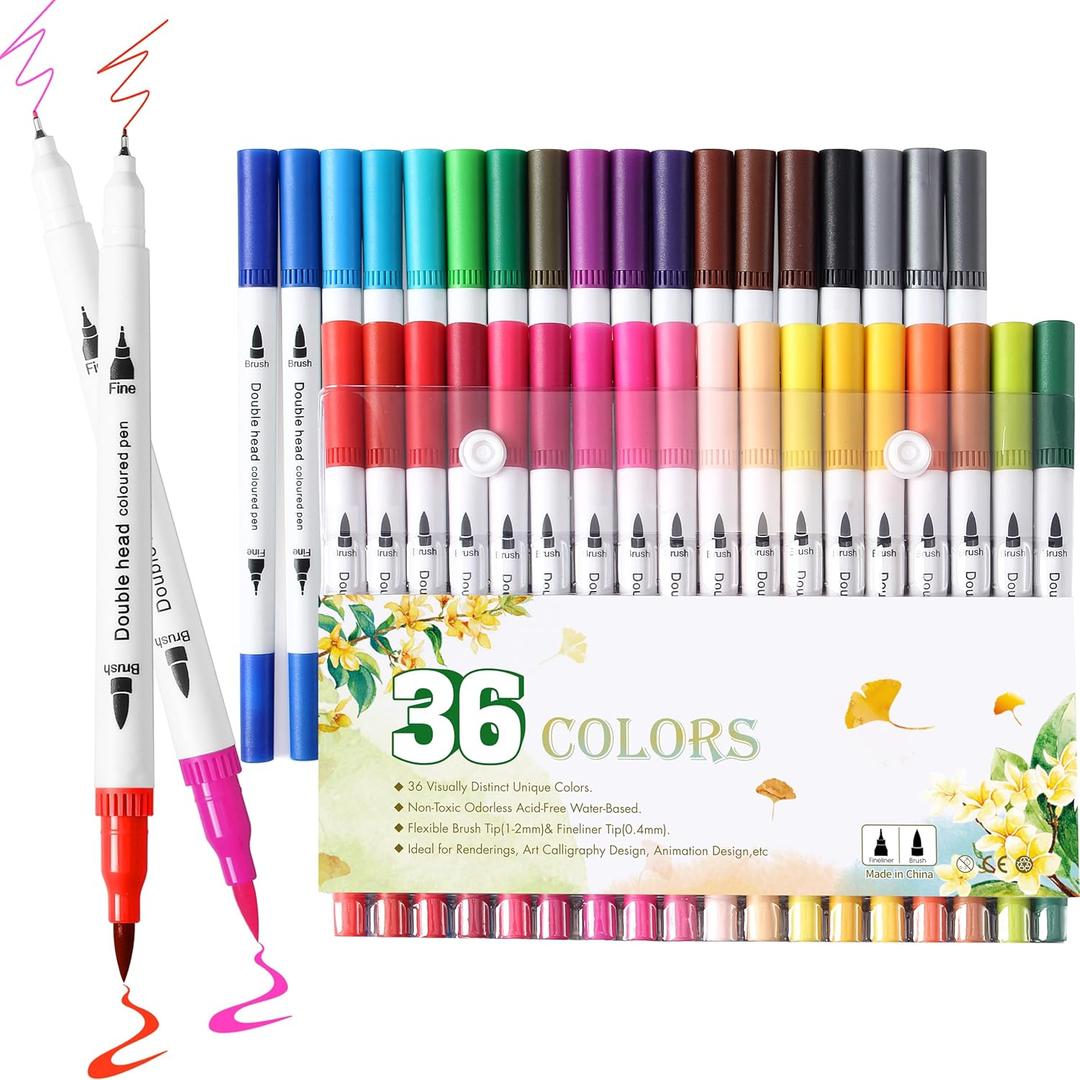 Upanic 36 Brush Markers for Adult Coloring Books,Office Markers for Adults Lettering,Dual Tip Brush Pens for Drawing,Colored Pens for Art,Journal Planner,Doodle,Brush&Fine Marker for Teen Girl Gifts