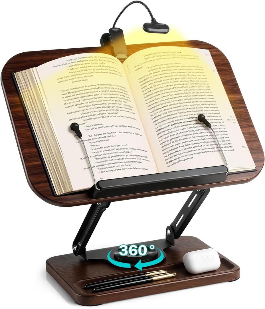 Book Stand with Light & Storage, Book Holders for Reading Hands Free, Wooden Cookbook Stand with Adjustable Height & 360 Angle for Recipe,Magazine,Laptop,Tablet, Bible