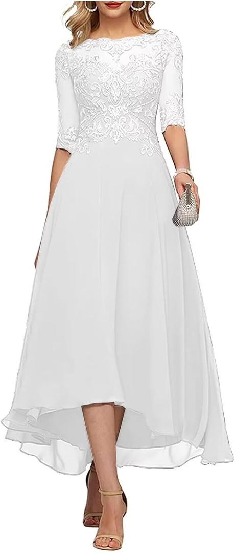 TIRAS Lace Appliques Mother of The Bride Dresses A line 3/4 Sleeves Tea Length Chiffon Formal Wedding Party Prom Gowns (4, White)